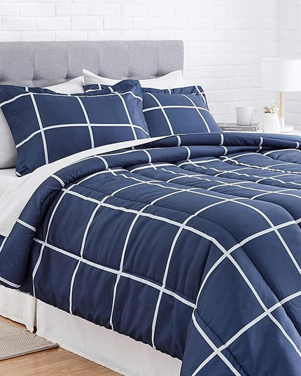 Amazon Basics Lightweight Microfiber Bed-in-a-Bag Comforter 7-Piece Bedding Set, Full/Queen, Navy with Grey Plaid - LeafyLoom