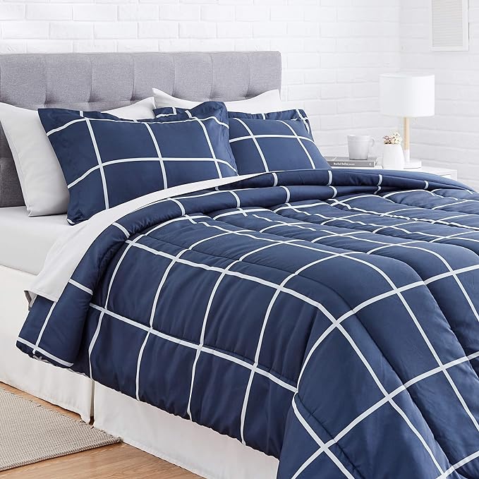 Amazon Basics Lightweight Microfiber Bed-in-a-Bag Comforter 7-Piece Bedding Set, Full/Queen, Navy with Grey Plaid - LeafyLoom