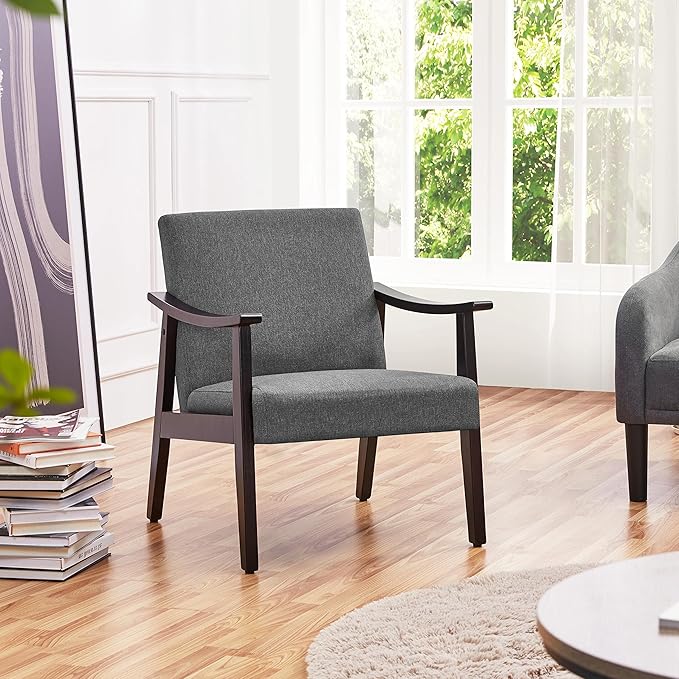 Yaheetech Accent Chair, Mid-Century Living Room Chair, Modern Linen Fabric Side Chair with High Back for Living Room/Office/Bedroom, Minimalist, Dark Gray - LeafyLoom