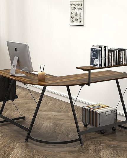 SHW Vista L-Shape Desk with Monitor Stand, Walnut - LeafyLoom