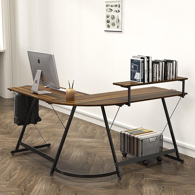 SHW Vista L-Shape Desk with Monitor Stand, Walnut - LeafyLoom