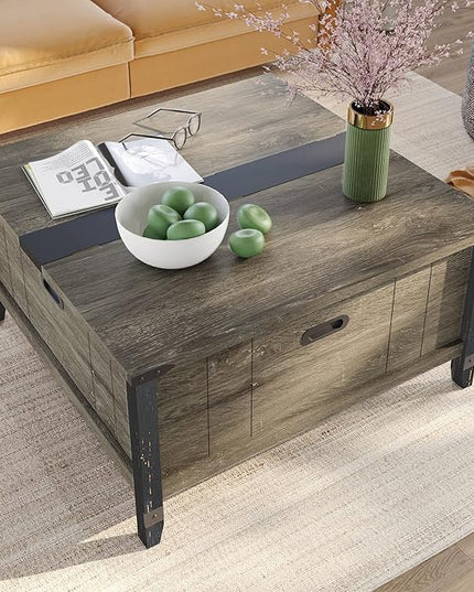 Bestier Farmhouse Coffee Table, Square Wood Center Table with Large Hidden Storage Compartment for Living Room, Rustic Cocktail Table with Hinged Lift Top for Home, Grey - LeafyLoom