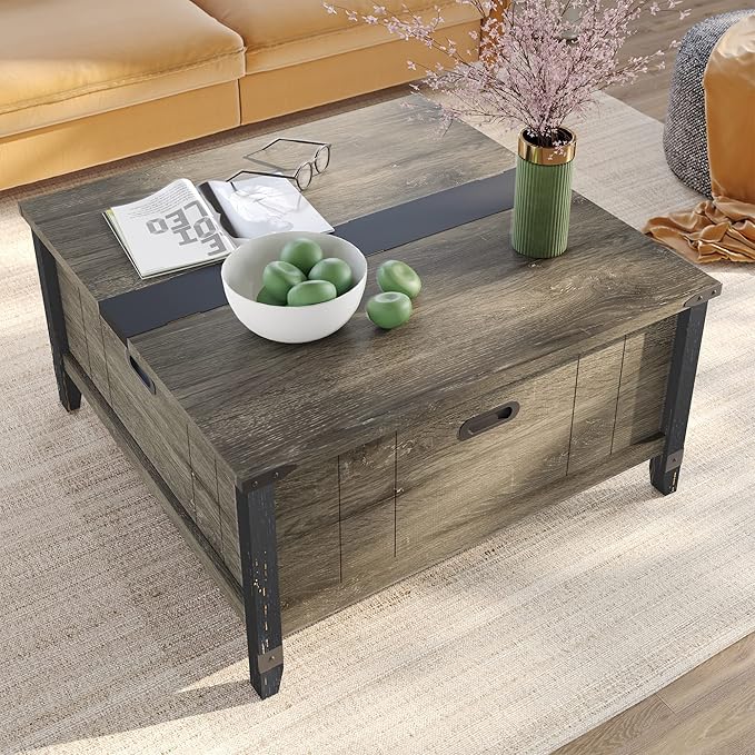 Bestier Farmhouse Coffee Table, Square Wood Center Table with Large Hidden Storage Compartment for Living Room, Rustic Cocktail Table with Hinged Lift Top for Home, Grey - LeafyLoom