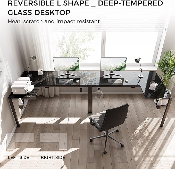 EUREKA ERGONOMIC RGB LED Lights 60 Inch L Shaped Reversible Black Glass Gaming Desk Home Office Computer Table GTG L60 - LeafyLoom