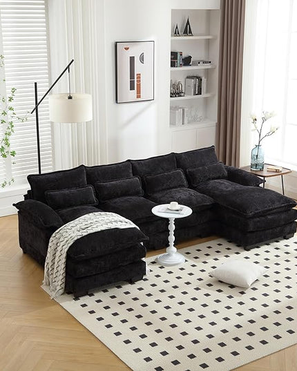 6 Seater Overstuffed Modular Sectional Sofa Cloud Couch with Double Chaise Lounge, U Shaped Chenille Upholstered Leisure Sofa&Couches with Memory Foam and Waist Pillows for Living Room Office - LeafyLoom