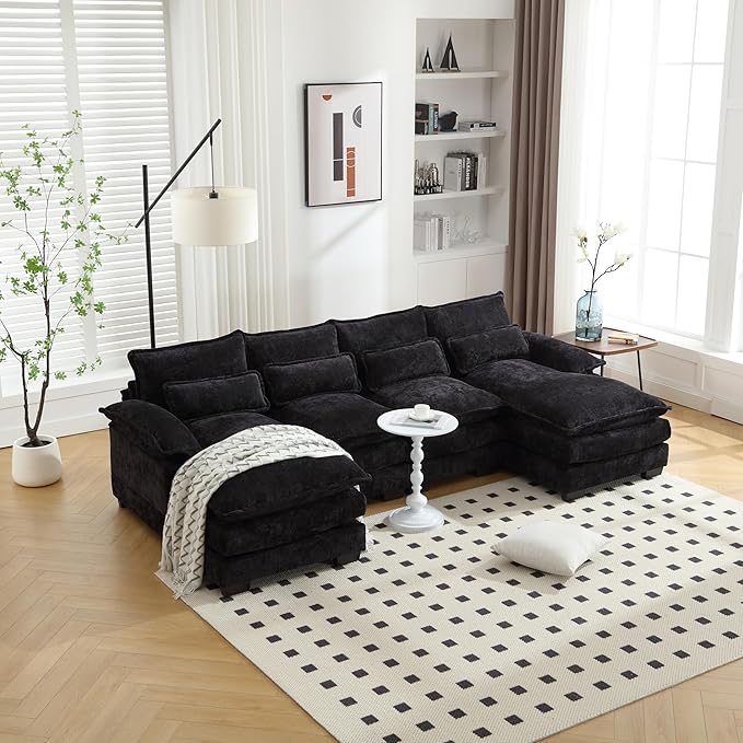 6 Seater Overstuffed Modular Sectional Sofa Cloud Couch with Double Chaise Lounge, U Shaped Chenille Upholstered Leisure Sofa&Couches with Memory Foam and Waist Pillows for Living Room Office - LeafyLoom