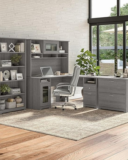 Bush Furniture Cabot L Shaped Computer Desk in Modern Gray | Corner Table with Drawers and Storage for Personal Home Office Workspace - LeafyLoom
