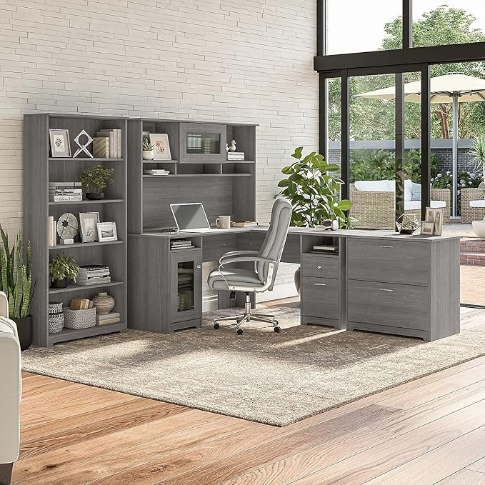 Bush Furniture Cabot L Shaped Computer Desk in Modern Gray | Corner Table with Drawers and Storage for Personal Home Office Workspace - LeafyLoom