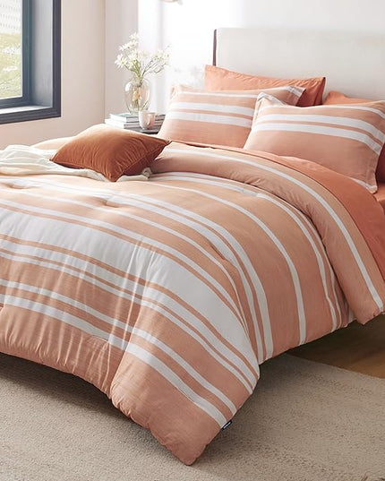 Bedsure Bed in a Bag Queen Size 7 Pieces, Burnt Orange White Striped Bedding Comforter Sets All Season Bed Set, 2 Pillow Shams, Flat Sheet, Fitted Sheet and 2 Pillowcases - LeafyLoom