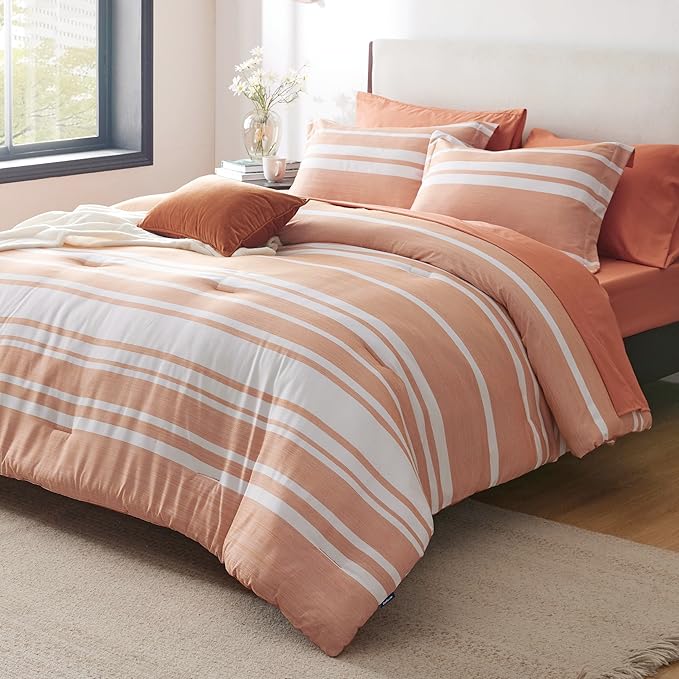 Bedsure Bed in a Bag King Size 7 Pieces, Burnt Orange White Striped Bedding Comforter Sets All Season Bed Set, 2 Pillow Shams, Flat Sheet, Fitted Sheet and 2 Pillowcases - LeafyLoom