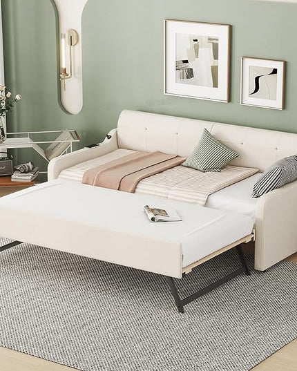 Twin Size Daybed Frame with Pop up Trundle,Upholstered Day Bed with Charging Station,Daybed with Trundle Bed Twin,Wood Sofa Bed Frame with USB for Bedroom,Living Room,Guest,Office,Twin,Beige - LeafyLoom