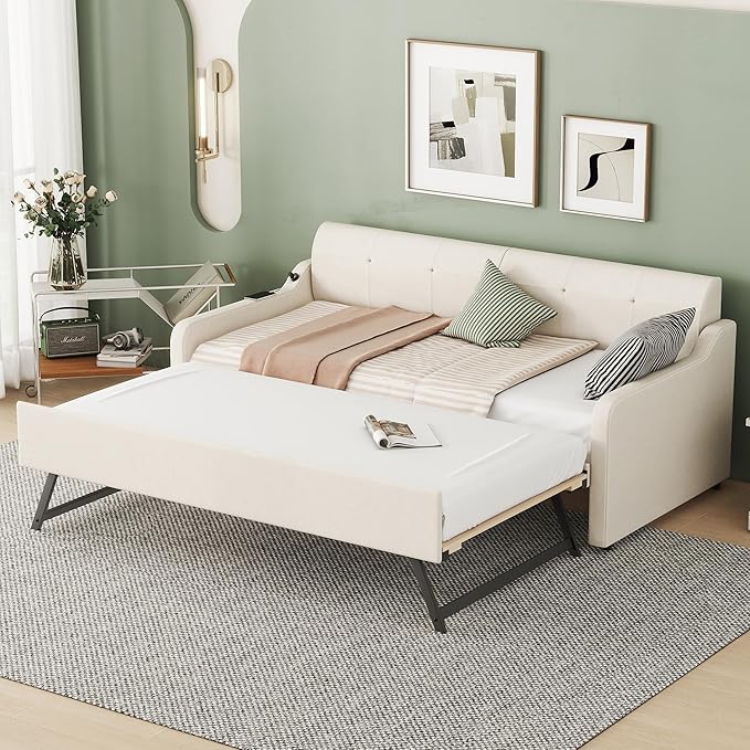 Twin Size Daybed Frame with Pop up Trundle,Upholstered Day Bed with Charging Station,Daybed with Trundle Bed Twin,Wood Sofa Bed Frame with USB for Bedroom,Living Room,Guest,Office,Twin,Beige - LeafyLoom