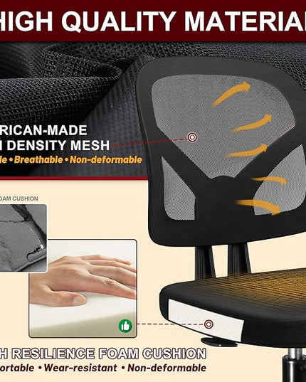 KOLLIEE Armless Mesh Office Chair Ergonomic Small Desk Chair No Arms Black Swivel Computer Chair with Wheels Task Chair for Small Spaces Mid Back Home Office Chair for Adults and Kids - LeafyLoom