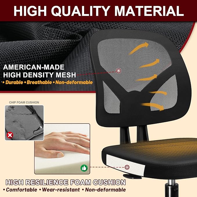 KOLLIEE Armless Mesh Office Chair Ergonomic Small Desk Chair No Arms Black Swivel Computer Chair with Wheels Task Chair for Small Spaces Mid Back Home Office Chair for Adults and Kids - LeafyLoom