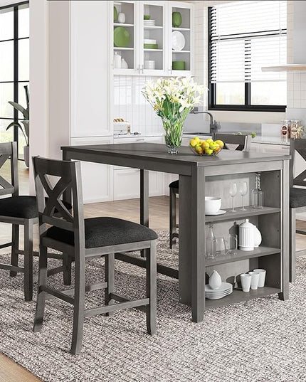 Farmhouse Style Counter Height Rustic 4 Chairs, Long-Lasting Solid Rubber Wooden Bar, Easy Assembly, Room, Kitchen, 5 Piece Dining Table Set, Gray 10 - LeafyLoom
