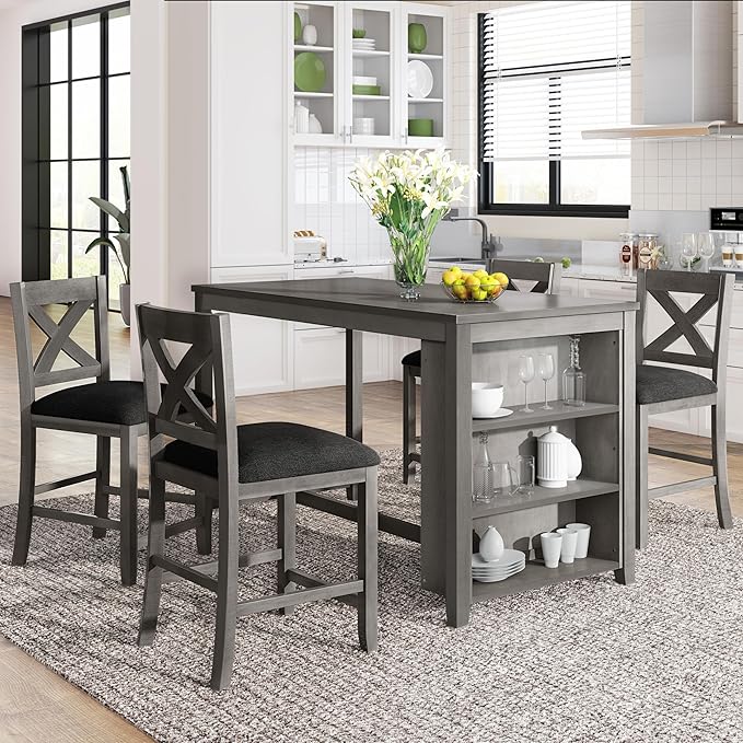 Farmhouse Style Counter Height Rustic 4 Chairs, Long-Lasting Solid Rubber Wooden Bar, Easy Assembly, Room, Kitchen, 5 Piece Dining Table Set, Gray 10 - LeafyLoom