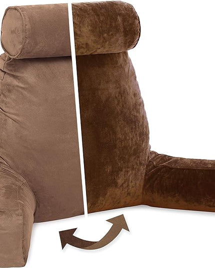 Husband Pillow XXL Aspen Edition, Adult Reading Sit Up Bed Rest Pillow for Bed with Arms & Neck Roll on Bungee Cord - Premium Memory Foam - Reversible 2 Sided Cover Micro Suede or Plush, Saddle Brown - LeafyLoom