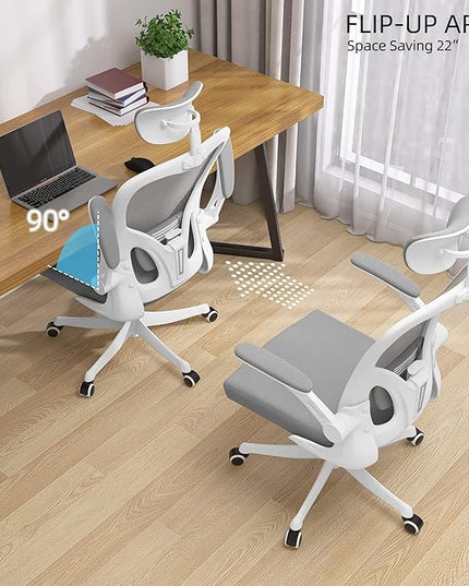 Office Chair, Ergonomic Office Chair, Home Office Desk Chairs with Lumbar Support, 3D Headrest and Flip Up Arms, Rockable Swivel Computer Chair Grey Mesh Chair for Home Office - LeafyLoom