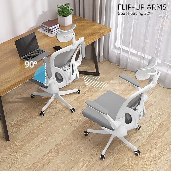 Office Chair, Ergonomic Office Chair, Home Office Desk Chairs with Lumbar Support, 3D Headrest and Flip Up Arms, Rockable Swivel Computer Chair Grey Mesh Chair for Home Office - LeafyLoom