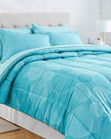 Amazon Basics Lightweight Microfiber Bed-in-a-Bag Comforter 7-Piece Bedding Set, Full/Queen, Industrial Teal, Geometric - LeafyLoom