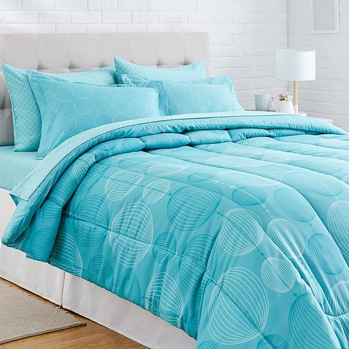 Amazon Basics Lightweight Microfiber Bed-in-a-Bag Comforter 7-Piece Bedding Set, Full/Queen, Industrial Teal, Geometric - LeafyLoom