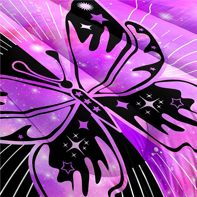 Butterfly Comforter - Butterfly Bed Set - Butterfly Comforter Set for Girls Women Bed Girls Twin Bedding Set Black Purple Butterflies with Sun and Moon Printed Quilt Sets with 1 Pillowcase - LeafyLoom