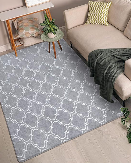 Chicrug Shag Geometric Modern Area Rug for Bedroom, 4x6 Feet Memory Foam Indoor Carpet, Fluffy Rug for Living Room Bedside Room Decor for Family Girls Kids Nursery Play Mat, Grey/White - LeafyLoom