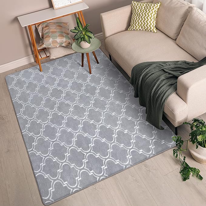 Chicrug Shag Geometric Modern Area Rug for Bedroom, 4x6 Feet Memory Foam Indoor Carpet, Fluffy Rug for Living Room Bedside Room Decor for Family Girls Kids Nursery Play Mat, Grey/White - LeafyLoom