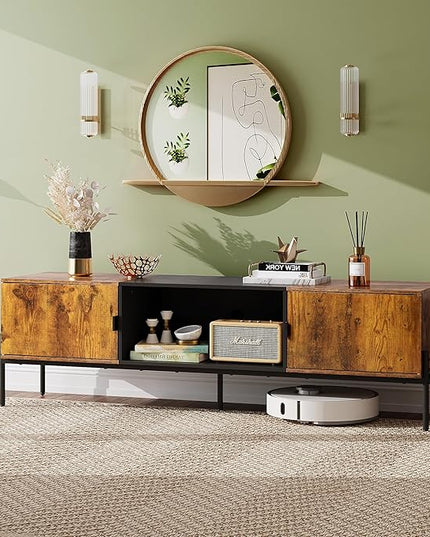 WLIVE Modern TV Stand for 65 Inch TV, Mid Century Entainment Center with Storage, TV Console with Open Shelf and 2 Cabinets for Bedroom and Living Room, TV Cabinet with Metal Legs, Rustic Brown - LeafyLoom