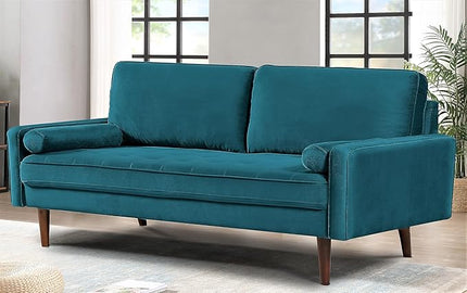 US Pride Furniture Velvet 70" Sofa Couch, Iconic Mid-Century Style Living Room Furniture with Contemporary Silhouette, Button Tufting and Wood Legs, Includes 2 Bolster Pillows, Greenish Blue - LeafyLoom