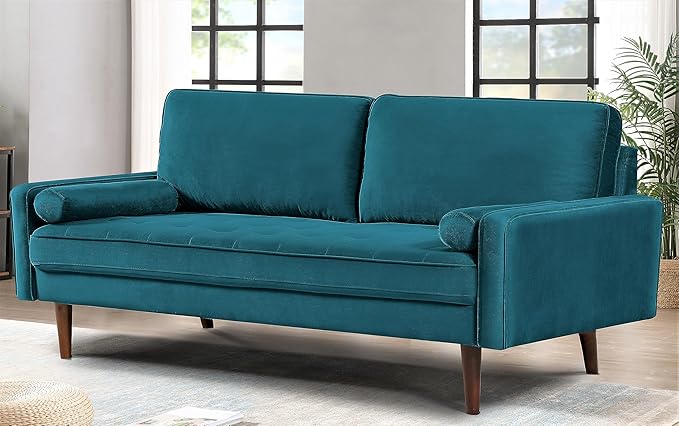 US Pride Furniture Velvet 70" Sofa Couch, Iconic Mid-Century Style Living Room Furniture with Contemporary Silhouette, Button Tufting and Wood Legs, Includes 2 Bolster Pillows, Greenish Blue - LeafyLoom