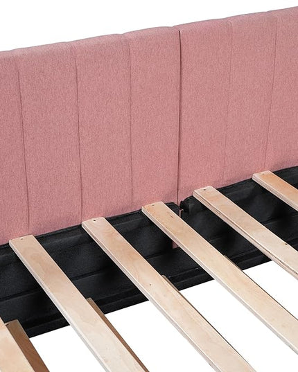 Twin Size Upholstered Linen Daybed with 2 Trundle,Semi-Closed Design,Solid Wood Bed Frame,W/Backrest and Slat Support,No Box Spring Needed,for Apartment Bedroom,Pink - LeafyLoom