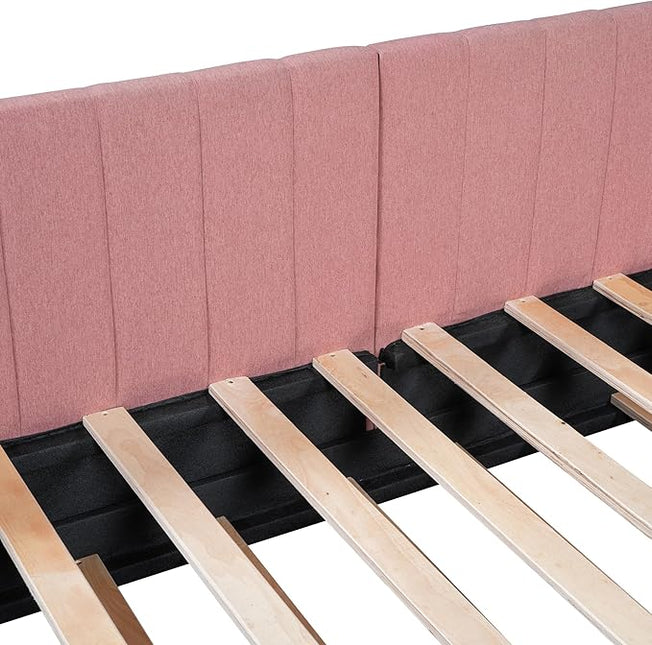 Twin Size Upholstered Linen Daybed with 2 Trundle,Semi-Closed Design,Solid Wood Bed Frame,W/Backrest and Slat Support,No Box Spring Needed,for Apartment Bedroom,Pink - LeafyLoom