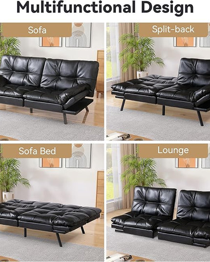 Memory Foam Faux Leather Futon Sofa Bed Couch,Convertible Futon Sofa Couch,Loveseat Sleeper Sofa Bed,Small Splitback Modern Sofa Bed for Living Room,Office,Apartment,Bright Black - LeafyLoom