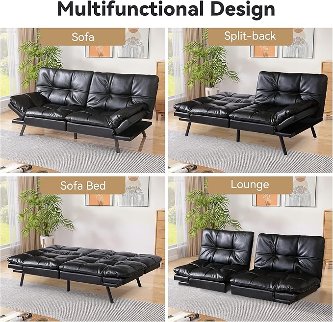 Memory Foam Faux Leather Futon Sofa Bed Couch,Convertible Futon Sofa Couch,Loveseat Sleeper Sofa Bed,Small Splitback Modern Sofa Bed for Living Room,Office,Apartment,Bright Black - LeafyLoom