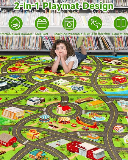 2 Packs Kids Rugs Car Play Mat Traffic Road Carpet for Car City Life Map Play Rug 31.5"×59" for Playroom Educational Mat Area Rug, Kid Playtime Collection Toddler Car Track Rug （2P: A+B - LeafyLoom
