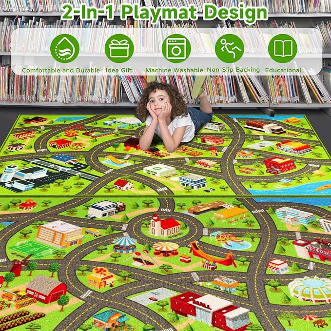 2 Packs Kids Rugs Car Play Mat Traffic Road Carpet for Car City Life Map Play Rug 31.5"×59" for Playroom Educational Mat Area Rug, Kid Playtime Collection Toddler Car Track Rug （2P: A+B - LeafyLoom