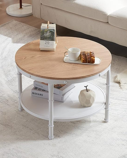 VINGLI 25.6" Natural White Round Farmhouse Coffee Table, 2-Tier Storage Wood Center Circle Accent Table for Living Room, Bedroom, Apartment, Studio and Small Spaces, Sturdy Metal Frame, Natural Color - LeafyLoom