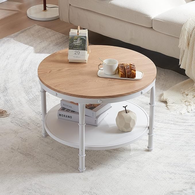 VINGLI 25.6" Natural White Round Farmhouse Coffee Table, 2-Tier Storage Wood Center Circle Accent Table for Living Room, Bedroom, Apartment, Studio and Small Spaces, Sturdy Metal Frame, Natural Color - LeafyLoom