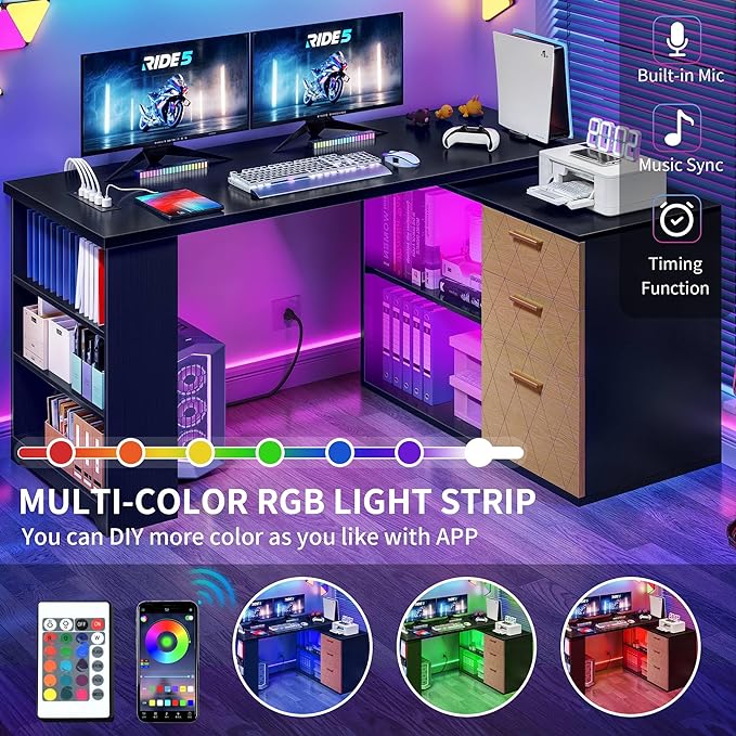 DWVO L Shaped Desk with Drawers, 59" Corner Computer Desk with Power Outlets & LED Lights, 360 Rotating Corner Desk Office Desk with Bookshelf, Wood Desk, Black - LeafyLoom