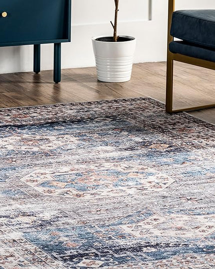 nuLOOM Drina Distressed Machine Washable Ultra Thin Area Rug, 3' x 5', Blue - LeafyLoom