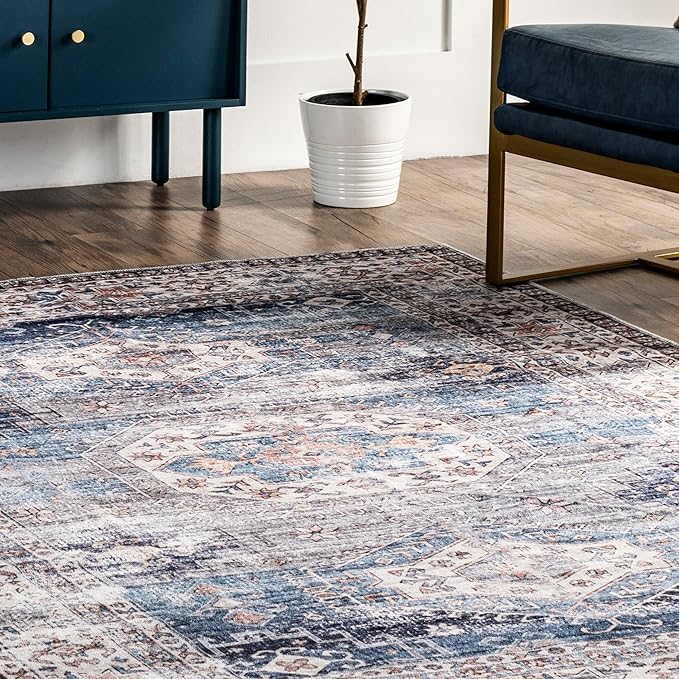 nuLOOM Drina Distressed Machine Washable Ultra Thin Runner Rug, 2' 6" x 8', Blue - LeafyLoom