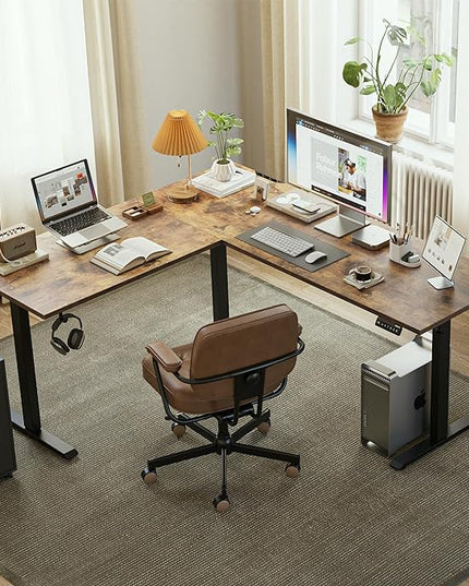 L Shaped Standing Desk Adjustable Height, Electric Corner Standing Desk, 63 x 55 inch Sit Stand Computer Table with Splice Board, Rustic Brown - LeafyLoom