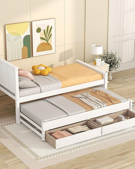 Merax Classic Solid Wooden Bed Farme with Trundle Bed and Drawers Storage Sofa Bed for Living Room Bedroom Guest Room Space Saving,White - LeafyLoom