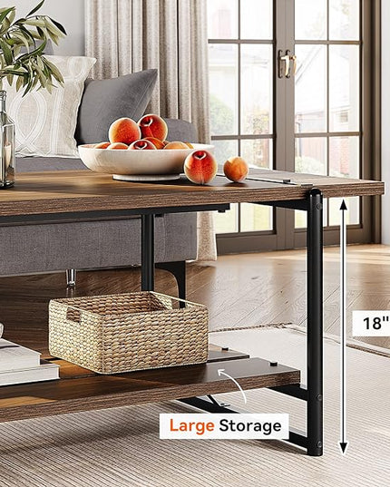 Towallmark 2-Tier Wood Coffee Table, Farmhouse Coffee Table with Storage Shelf- Rustic Metal Rectangle Center Living Room Coffee Table Accent Furniture for Home Office (Black Walnut) - LeafyLoom