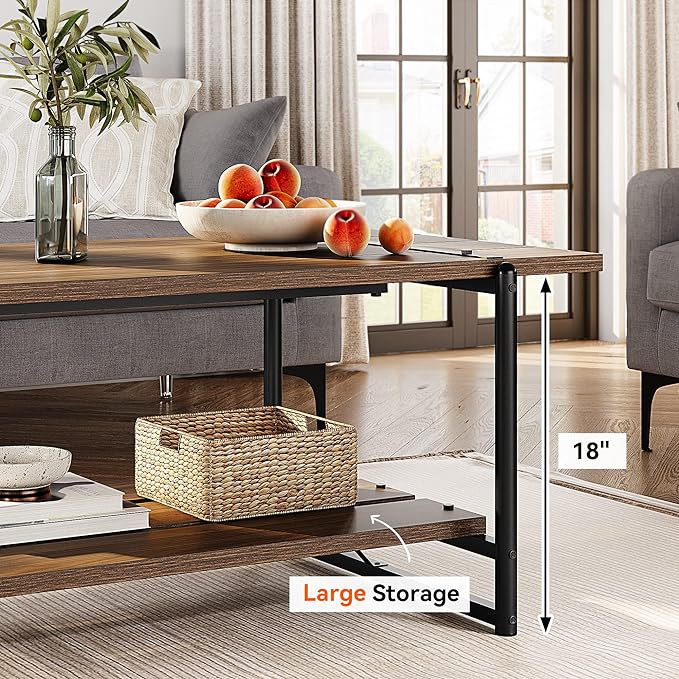 Towallmark 2-Tier Wood Coffee Table, Farmhouse Coffee Table with Storage Shelf- Rustic Metal Rectangle Center Living Room Coffee Table Accent Furniture for Home Office (Black Walnut) - LeafyLoom