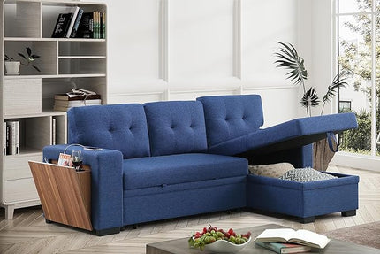 92" L-Shape Sectional Sofa with Storage Chaise Pull-out bed, Linen Tufted Upholstery Corner Couch W/Side Open Cup Holder for Living Room, Apartment,Office,Home Furniture Sets,Blue - LeafyLoom