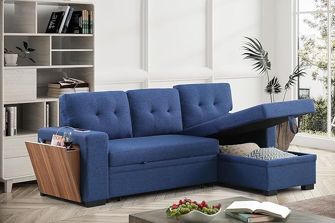 92" L-Shape Sectional Sofa with Storage Chaise Pull-out bed, Linen Tufted Upholstery Corner Couch W/Side Open Cup Holder for Living Room, Apartment,Office,Home Furniture Sets,Blue - LeafyLoom