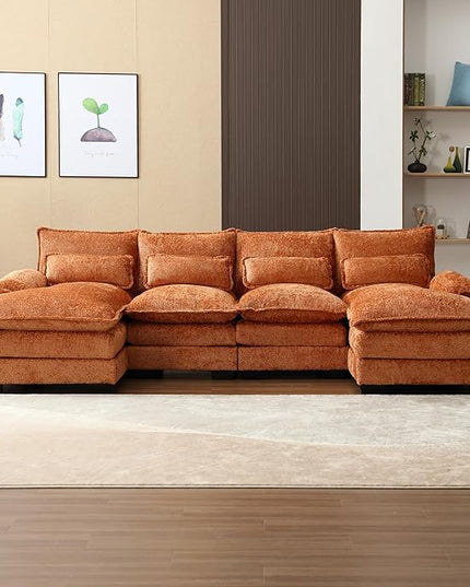 110.63" Chenille Fabric Upholstered Sectional Sofa with Double Chaises & Solid Wood Legs, U-Shape Oversized Modular Couch with 2 Layered & Detachable Seat Cushions for Living Room, Apartment - LeafyLoom