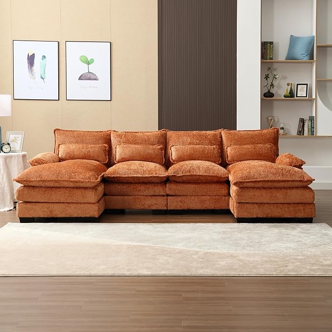 110.63" Chenille Fabric Upholstered Sectional Sofa with Double Chaises & Solid Wood Legs, U-Shape Oversized Modular Couch with 2 Layered & Detachable Seat Cushions for Living Room, Apartment - LeafyLoom
